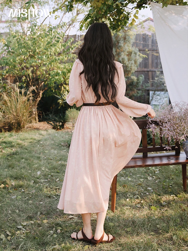 MISHOW Women's Ruffled V Neck Long Sleeve Midi Dress with Belt 2026 Spring Tiered Ruffle Elegant Pink Chiffon Dress MXF14L2560