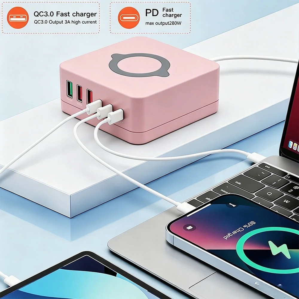 140W Multi‑Port Charging Station, 15W Wireless Charger Desktop Fast Charging Hub with QC3.0 & PD Ports for Phone, Laptop, Tablet