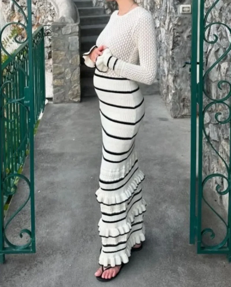 Ruffled Striped Knit Maxi Dress Female Elegant See-Through Patchwork Fashion Luxury Party Dress Knitwear Women Long Dress