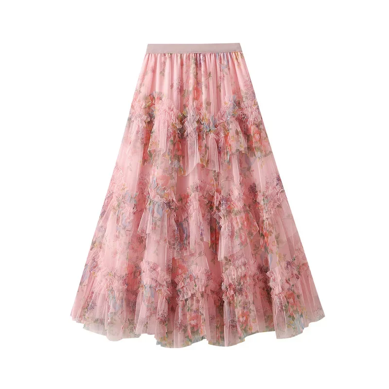 French Irregular Skirts Patchwork Women Floral Mesh A-Line Skirt  Court Style Streetwear High Waist Casual Daily Spring Summer