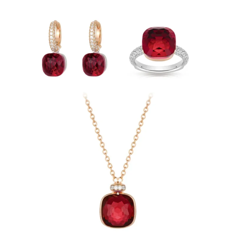 

BELLUX 925 Silver Gold-Plated Cushion Cut Red Synthetic Zircon Jewelry Set Earrings Ring Pendant Necklace Elegant Party Jewelry