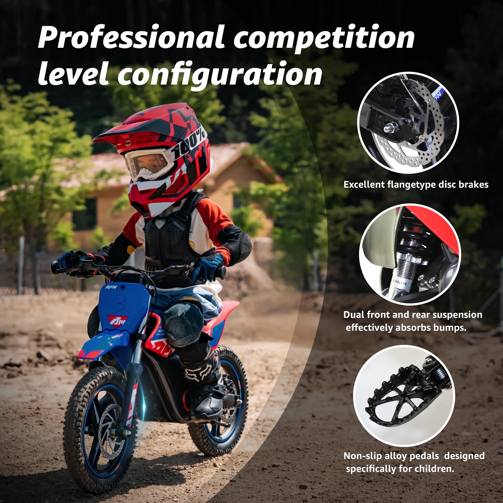 RFN E250 Kinder-Elektro-Dirtbike für Kinder, 36 V, 400 W |   3-Gang-Offroad-Motorrad mit großer Reichweite, 18 km, 11,2-Meilen-Fahrt für 3–6 Jahre
