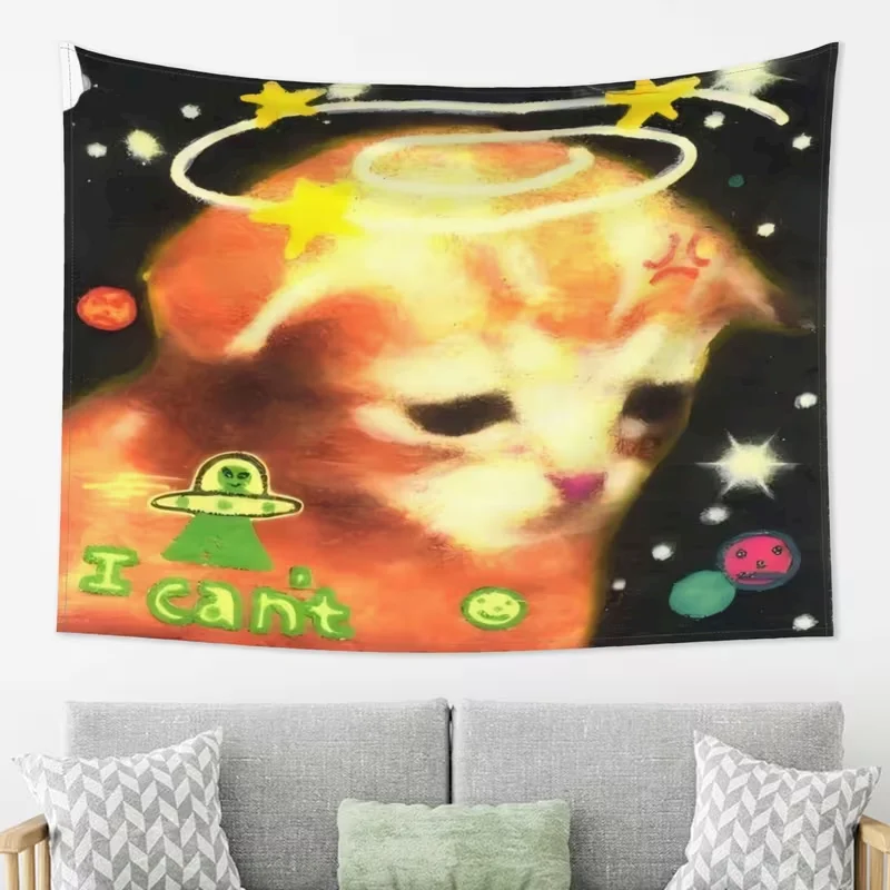 VIKAMA Space Cat Meme Tapestry, Alien Funny Oil Painting Wall Hanging Home Decor, Aesthetic Wall Hanging Decor