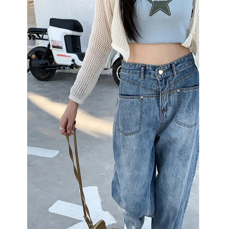 

2023 New Arrival Spring Korean Style Women Casual Cotton Denim Ankle-length Pants Button Fly Waist Loose Straight Jeans V43