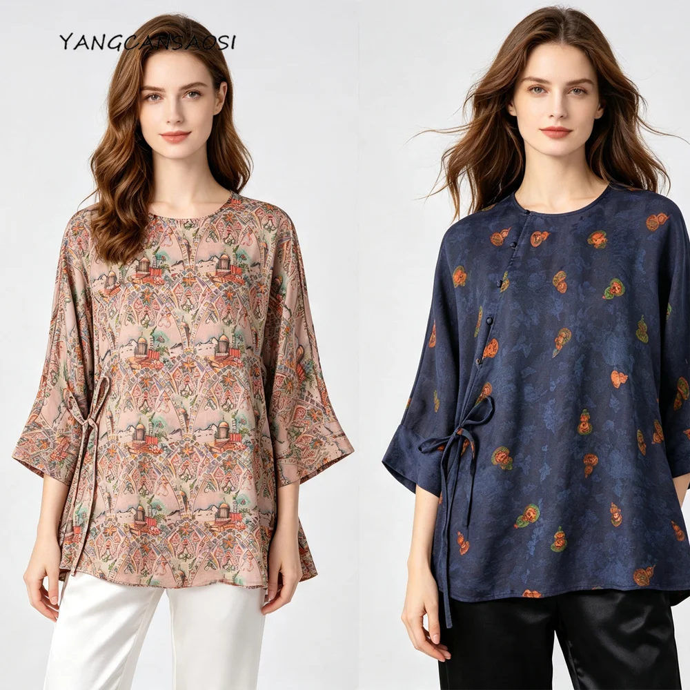 Women's Fashion New 100% Natural Mulberry Silk Fragrant Cloud Yarn Diagonal Collar Round Neck Three-quarter Sleeve Lace Shirt