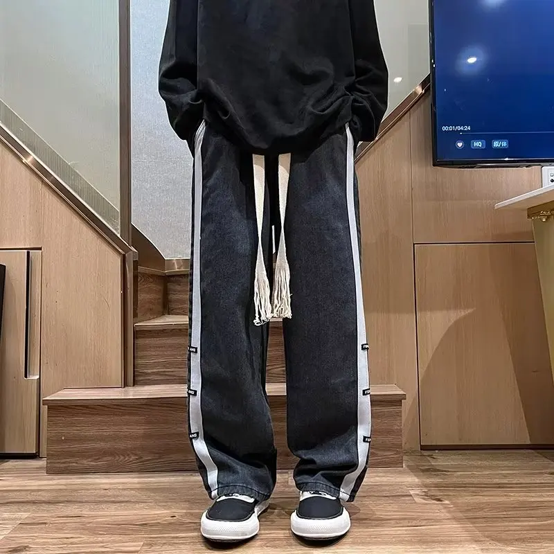 Men Jeans Pants Black Wide Leg Oversize Cargo Korean Streetwear Hip Hop Harajuku Denim Trousers