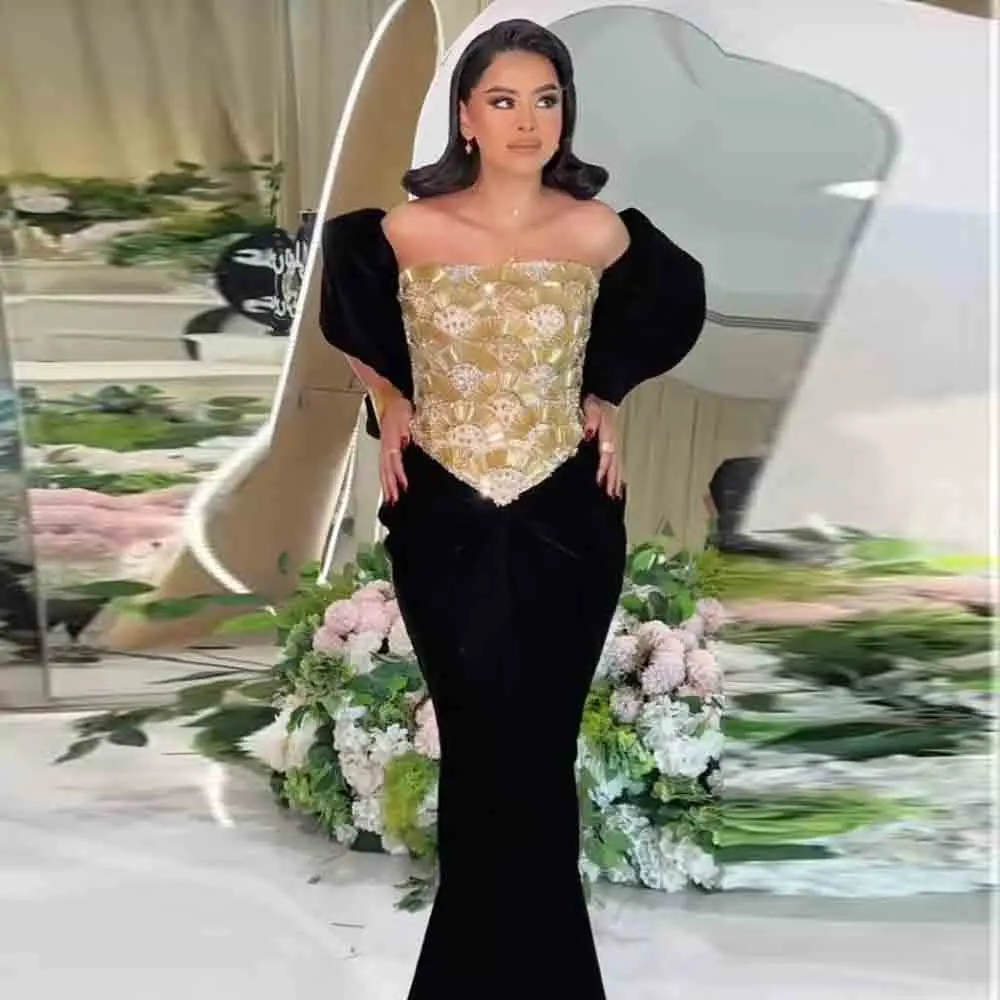 

Customized Luxury Black Velvet Mermaid Evening Dress with Gold Beaded Corset & Off Shoulder Puff Sleeves Formal Party Gown