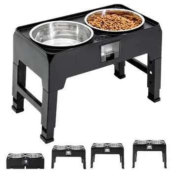 Elevated Pet Feeder Stand With Stainless Steel Double Bowls, 4 Height Adjustable Non-slip Raised Dog & Cat Feeder Bowls Set With 1