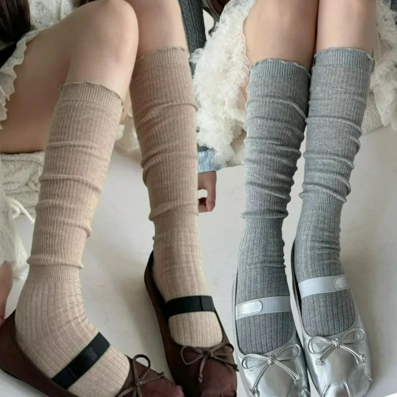 

Lolita Wood Ear Edge Long Stockings for Women Autumn Breathable Mesh Thin Solid Color Long Hollow Loose Stacked Knee-socks Socks