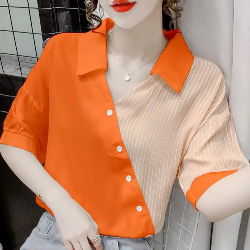 Summer Women\'s Clothing Fashion Chic Striped Spliced Blouse Korean All-match Short Sleeve Contrast Color Chiffon Shirt Female