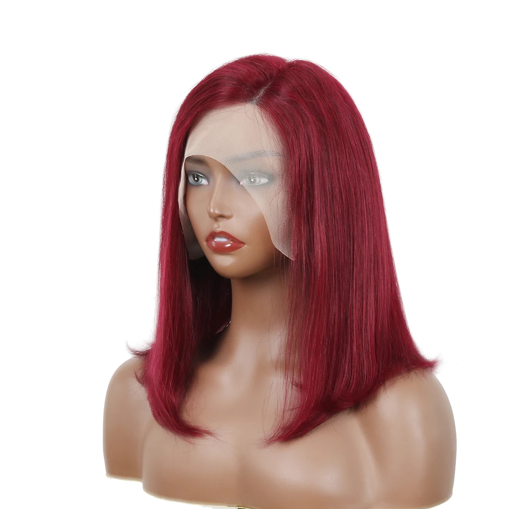 

13x1 13x4 Lace Front 99J Бордовый Прямой Короткий Боб Парик Человеческих Волос Боковая Т-образная Парик Шнурка 99J Красный Прямой Боб Бразильские Парики