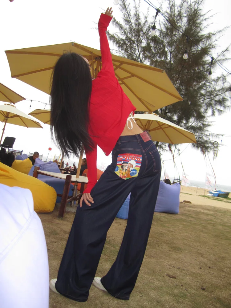 

Темно-синие ретро-мультяшные принты с высокой талией, широкие джинсовые джинсы, женские свободные утягивающие брюки прямого кроя, повседневные брюки