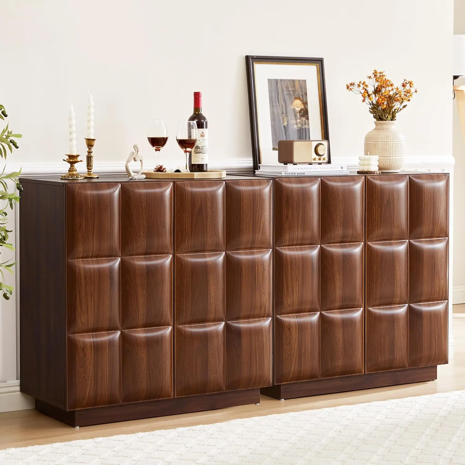 2 Sideboard Cabinet with Storage & Adjustable Shelves, 4 Doors Console Table for Living Room Kitchen, Walnut, Customized