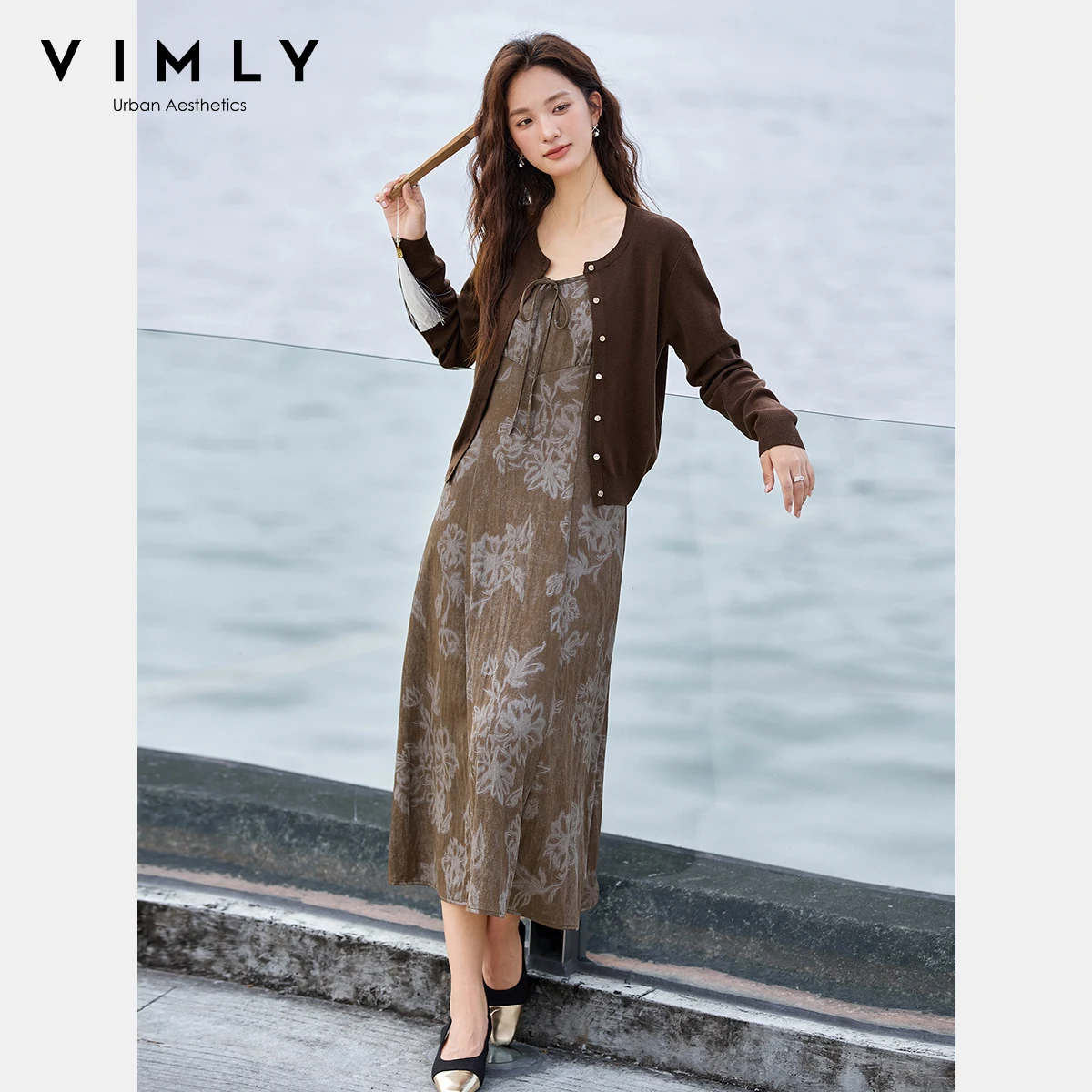 

VIMLY, отпускная одежда, женские комплекты платьев 2025 года, повседневный вязаный кардиган с длинными рукавами, длинное платье на подтяжках, женская осенняя одежда A2957