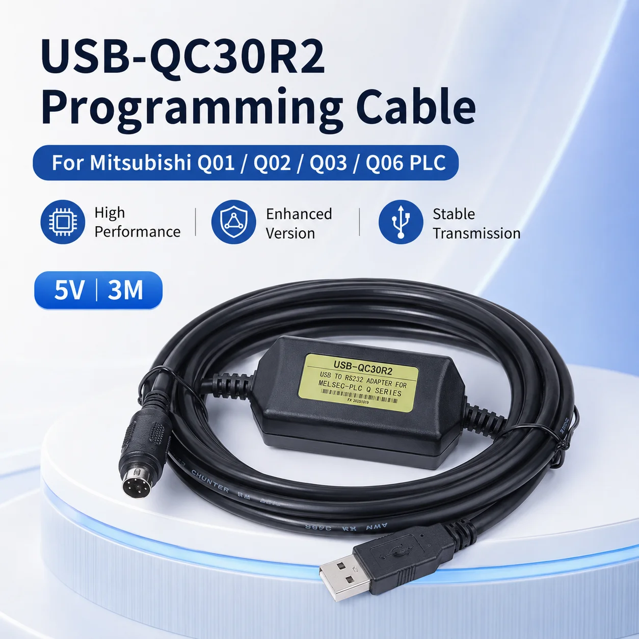 USB-QC30R2 Download Cable with CH340 Chip for Mitsubishi Q Series PLC Q01 Q02 Q03 Q06 GT1030 Touch Screen, 3M 5V Cable