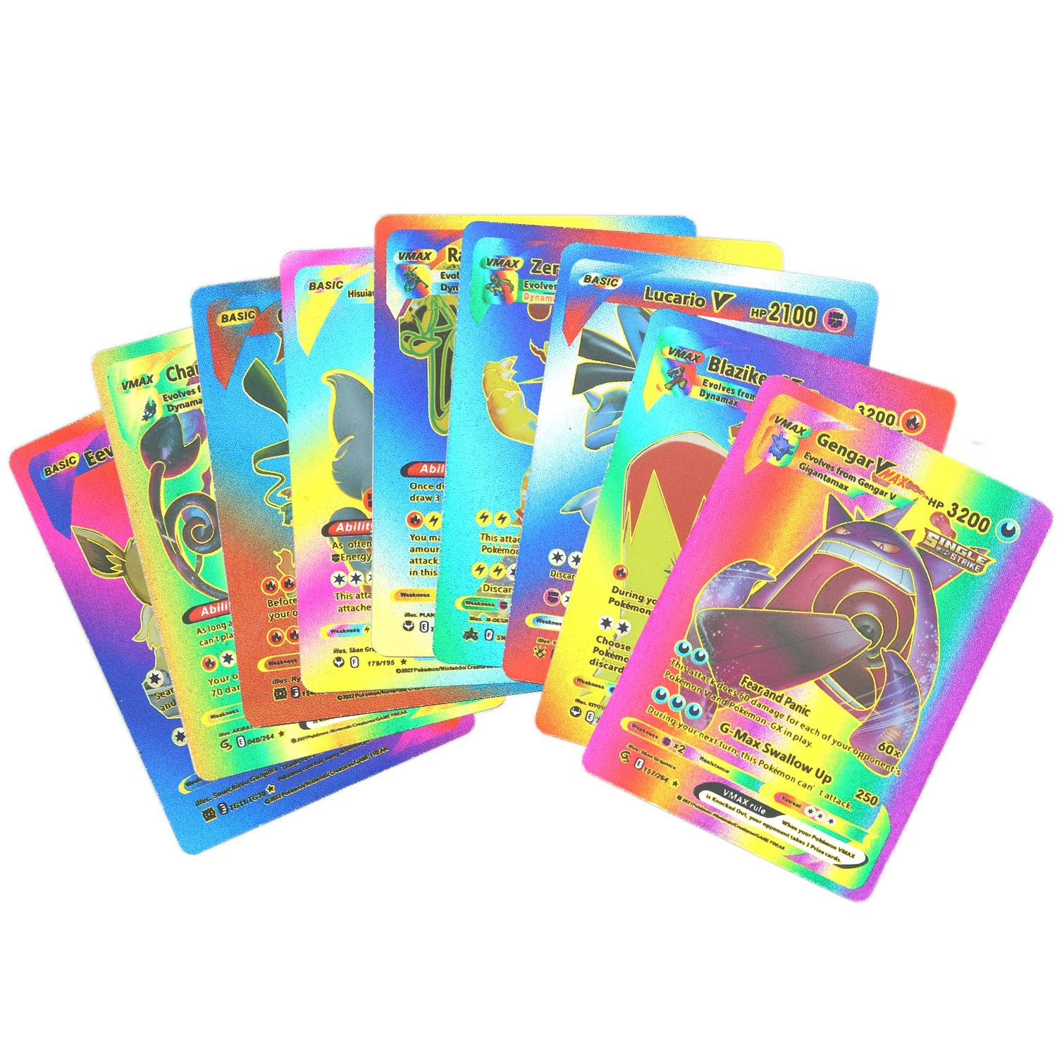 Tarjetas coloridas de lámina dorada de Pokémon, 55 piezas, Pikachu, Charizard, Arceus, Diamante arcoíris, inglés, francés, español, alemán, VMAX,