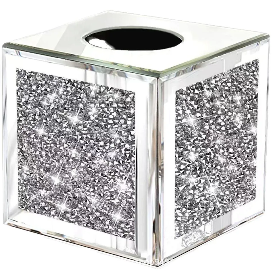 Crystal Diamond Decorated Glass Mirror Tissue Box Holder Square Bling Napkin Storage Rack Home Decoration - view 3