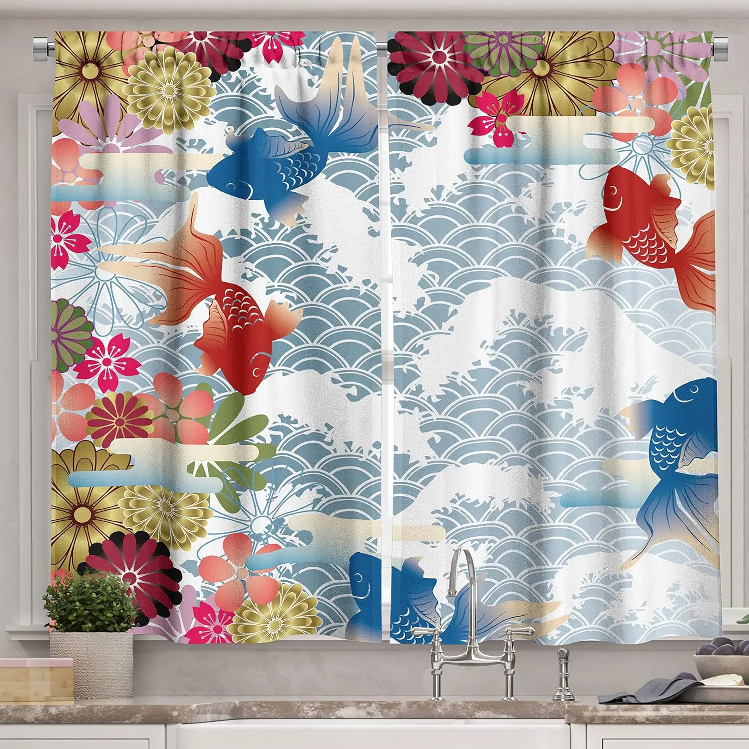 Asian Kitchen Curtains, Traditional Japanese Background with Soft Tone Koi Fish Floral Folk Design, Window Drapes 2 Panel