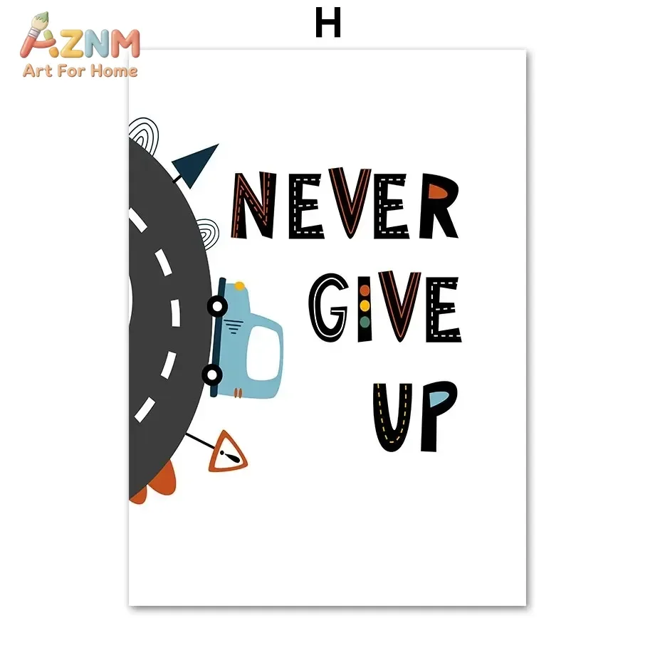 AZNM Cartoon Car Transportation Canvas Wall Art Alphabet Inspirational Slogan Vehicle Road Pattern Print Cute Neutral Style Boys