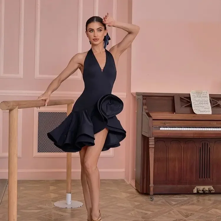 Erwachsenes lateinamerikanisches Tanzkleid für Damen, schwarz, rückenfrei, ärmellos, weiblich, Samba, Rumba, Cha-Cha, Training, Wettbewerbskleidung, 2025, Neu