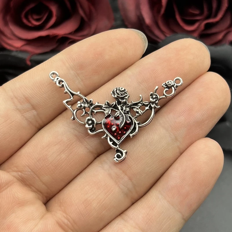 ヴィンテージゴシックローズペンダント,日曜大工のジュエリー作り,ハロウィーンとクリスマスのギフト,赤,ハート,45x30mm, 5個