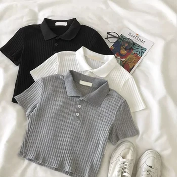 Y2K 한국 여성 셔츠, 스위트 솔리드 라펠 여성 반팔 블라우스, 단추 올 매치 슬림 신상 여성 크롭탑, 여름 패션 