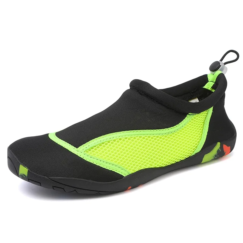 Stretchy Neoprene Aqua Socks For Men Women, Black With Fluorescent Green Mesh Panel Anti Slip Flexible Outdoor Water Shoes