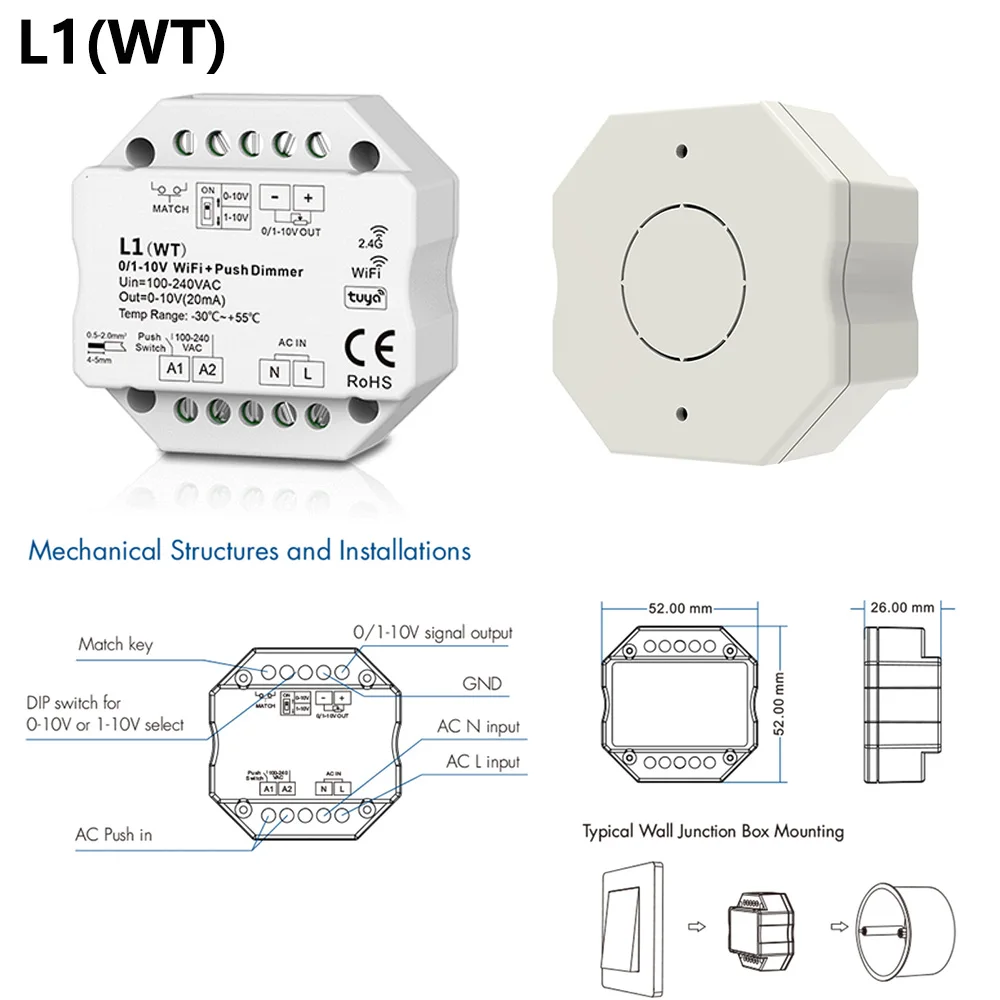 AC100-240V 1CH 0/1-10V WiFi & RF Push Dimmer Tuya Wifi Smart Control 2.4G R11 RF Touch Diming Remote App Voice For Alexa Google