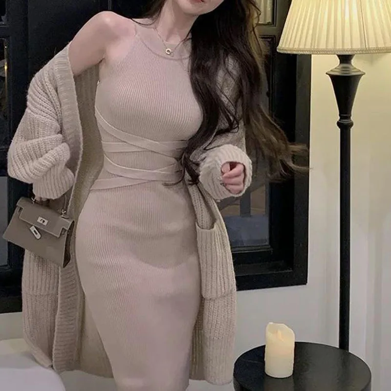 Woman\'s Sexy Drawstring Waist Knit Dresses Autumn New Sleeveless High Waist Bandage Dress Female Khaki Solid Color Slim Vestidos