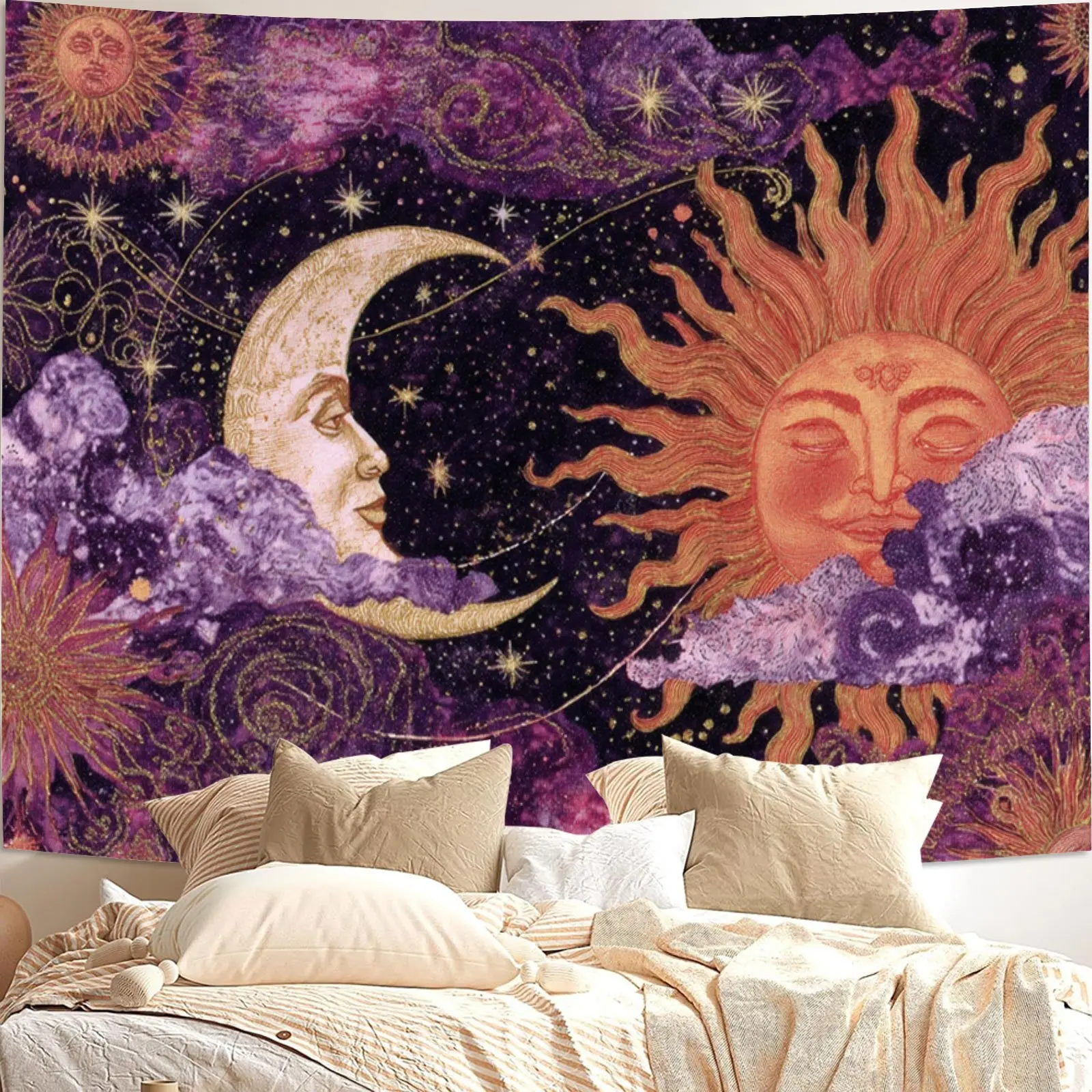 Sun Moon Face Tapestry, Vintage Celestial Sun Crescent Moon Purple Starry Cloud Sky Art Wall Tapestry Bedroom Living Room Decor