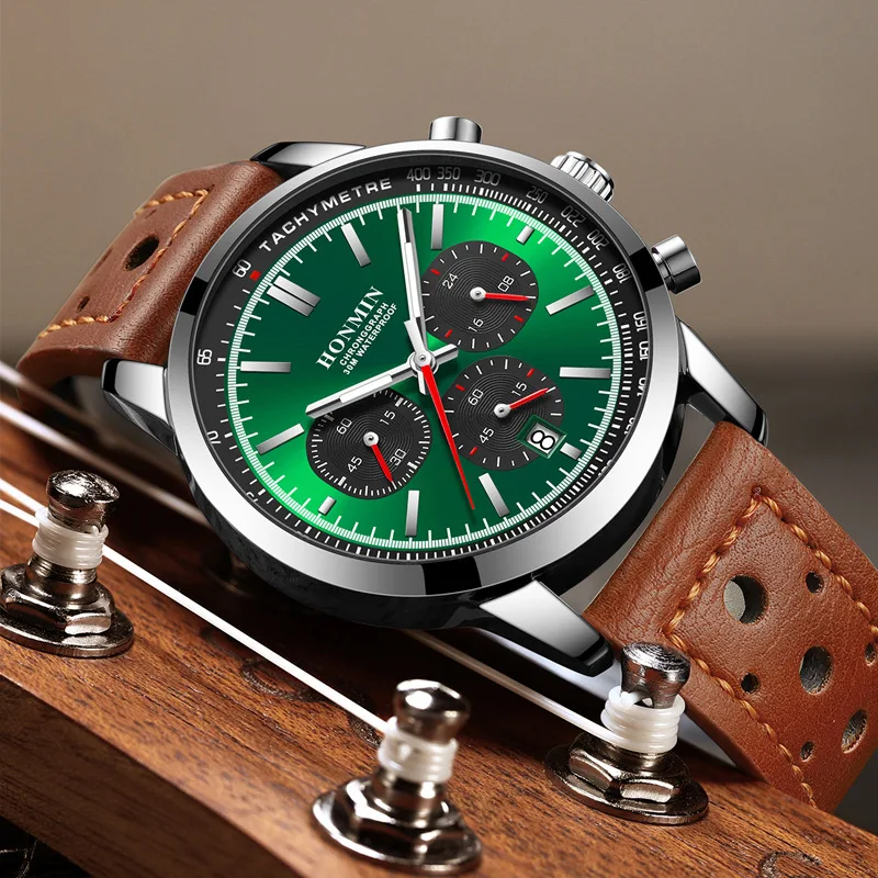 HONMIN Man Luxury Watch High Quality Waterproof Chronograph Luminous Men's Wristwatch Leather Men Quartz Watches Casual Clock
