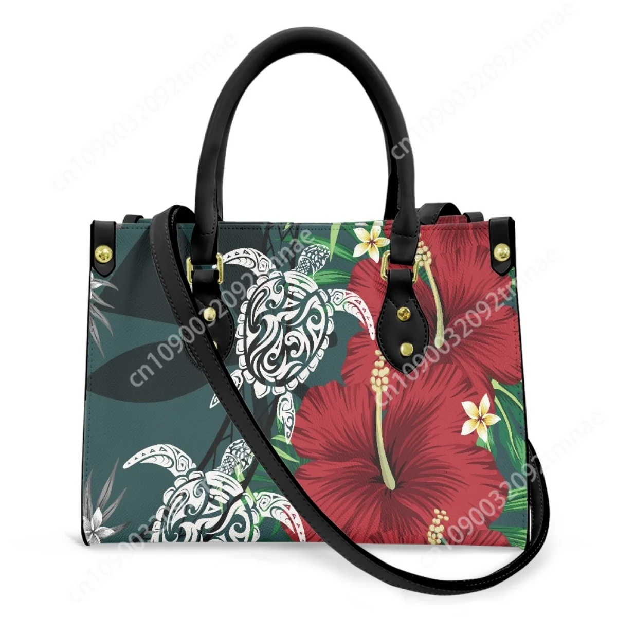 Polynesian Tribal Printed Crossbody Bag for Women Hawaiian Hibiscus Flower with Tattoo Sea Turtle Pattern Custom Handbag Female