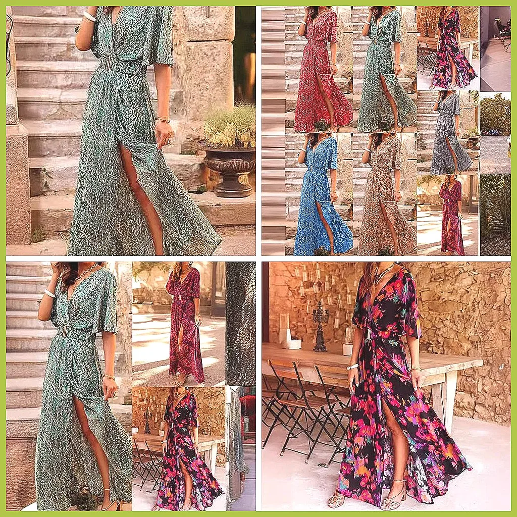 

New Summer Deep V-Neck Printed Dress, Slim Waist Midi Skirt with Side Slit & Short Sleeves