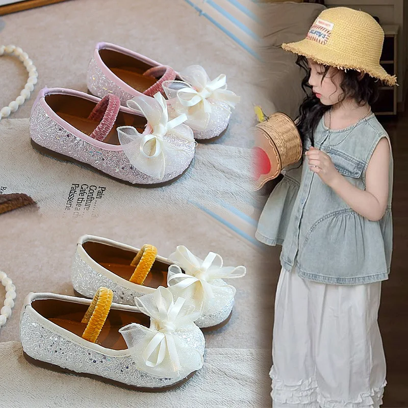 

Girls Leather Shoes for Toddlers Kids Big Children Flats Glitter with Bow-knot Princess Sweet Bling Dress Shoes for Dance Party