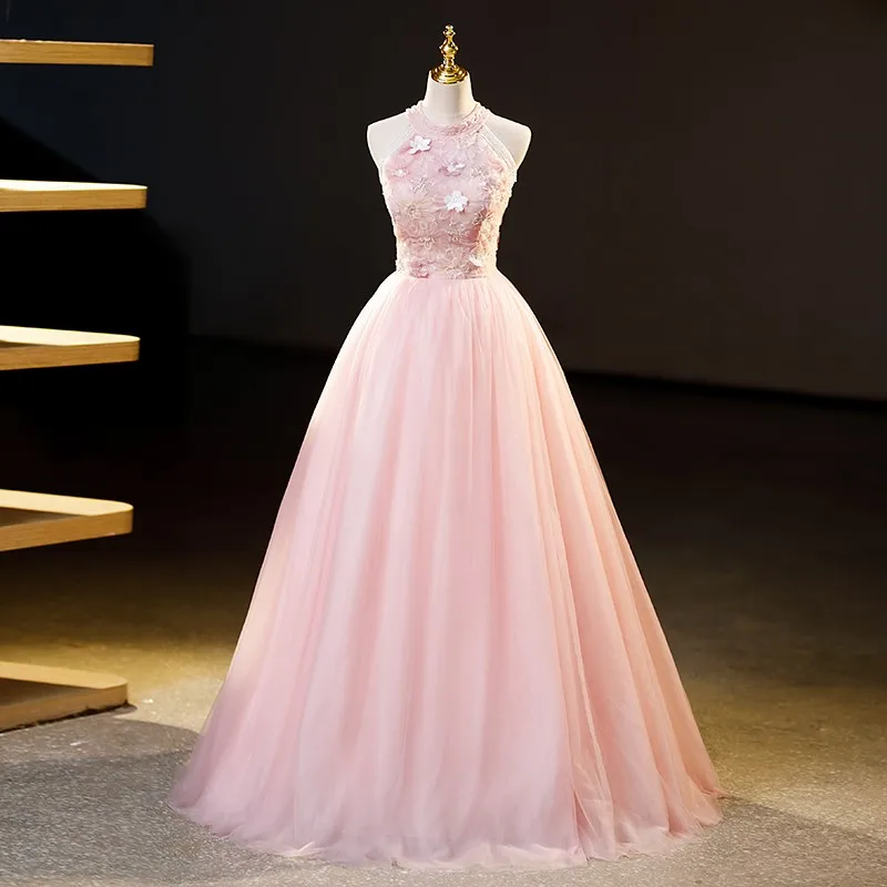 Süße rosa Quince anera Kleider elegante Halfter zarte Perlen geschwollene Ballkleid einfache Tüll Applikation Vestido de Debütantin