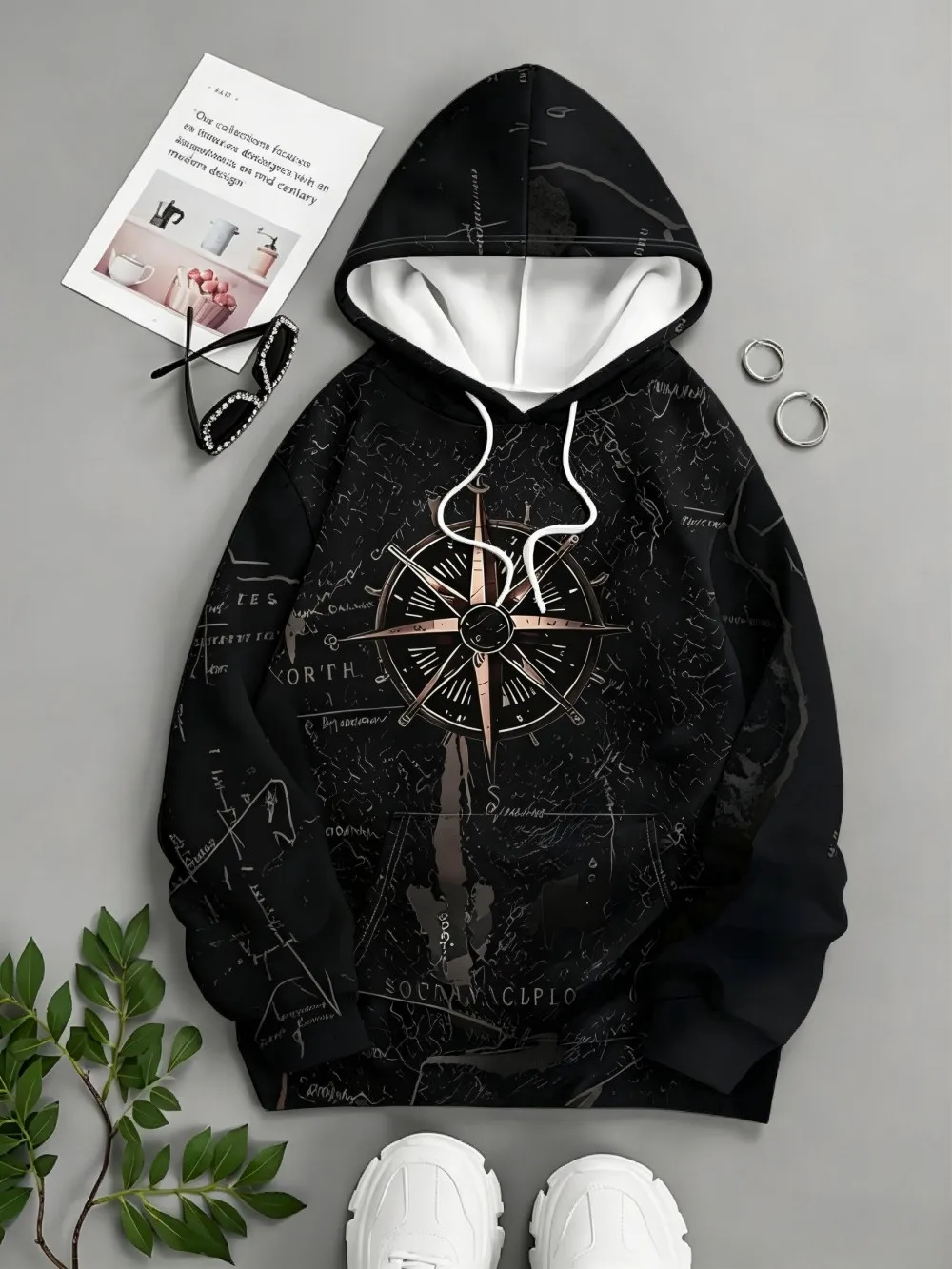 New Fashionable Men's Autumn Navigation Compass Letter Printed Micro Elastic Comfortable Hoodie Outdoor Street Top