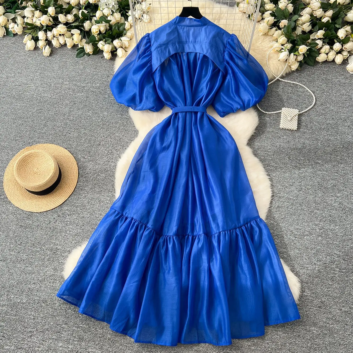 Women Two Piece Sets Dress Set V Neck Sleeveless Sling Dresses A Line High Waist Turn Down Collar Puff Sleeve Long Y2k Vestidos