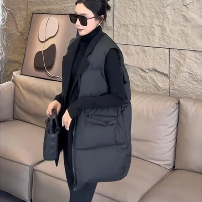 

Autumn Winter Mid-Long Down Cotton Waistcoat Women 2025 New Fashion Loose Casual Pure Colour Cotton Coat Black Outerwear female
