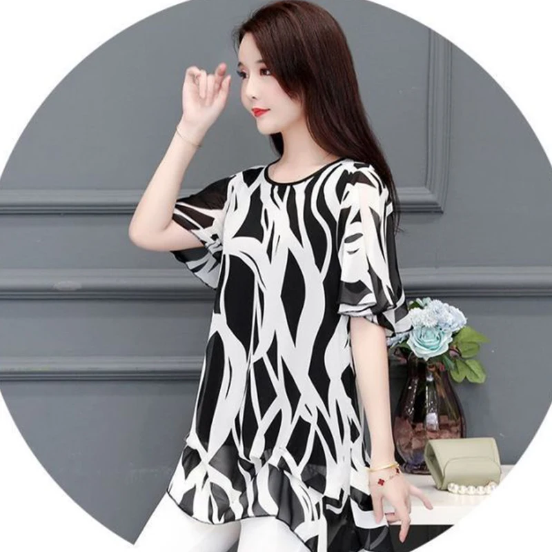 Women Summer Trend Loose Large Size Printing Appear Thin Chiffon Short Sleeve Shirts Women Clothes Fashion All-match Top Tee