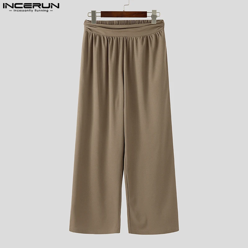 

INCERUN Men Pants Solid Color Elastic Waist Joggers Loose Casual Straight Trousers Men Streetwear 2025 Fashion Male Long Pants
