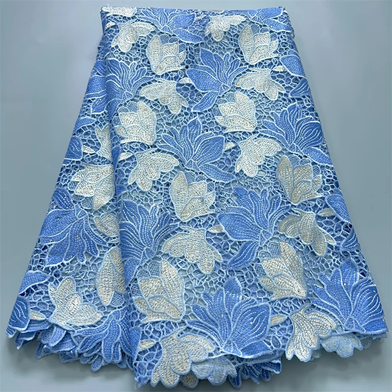 Blue Cord Guipure Lace Fabric 2024 High Quality 5 Yards Water Soluble African Lace Fabric Nigerian Party Dress for Women A3844