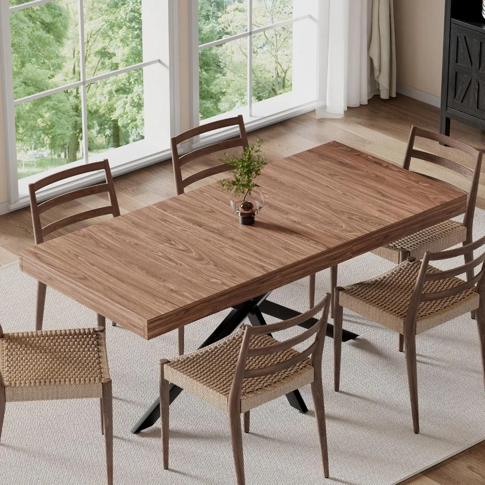 Extendable Dining Room Table for 4 5 6 7 8 People, 55''-70.9'' Wooden Rectangle Expandable with Hidden