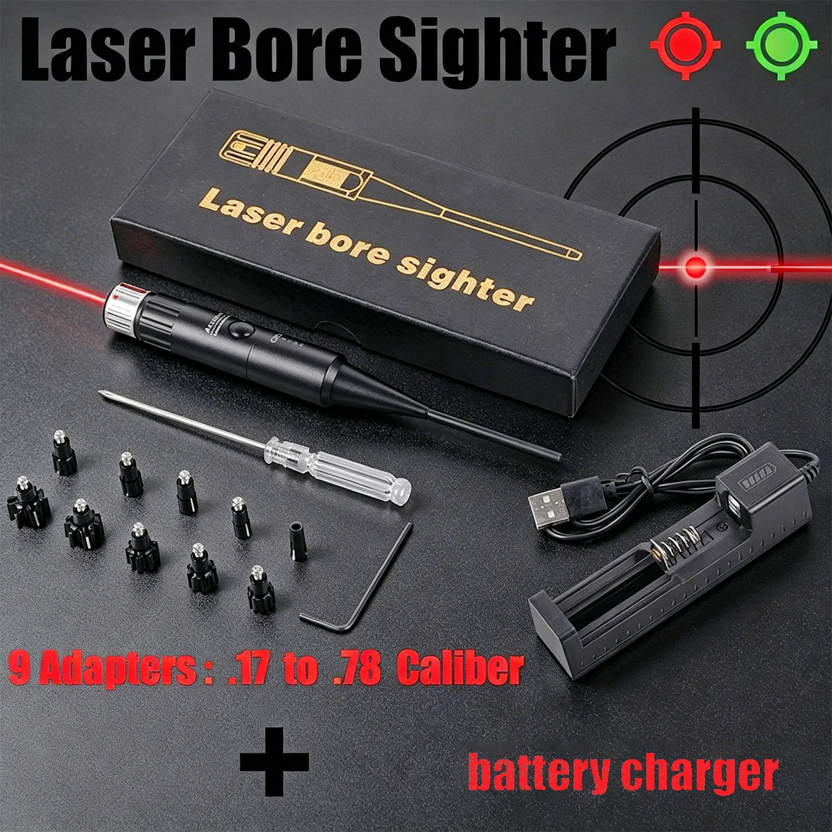 Colimador Láser Verde y Rojo para Calibración de .17 a .78 Calibres, Kit de Calibración con 9 Adaptadores, Colimador Láser de Alta Potencia con Cargador
