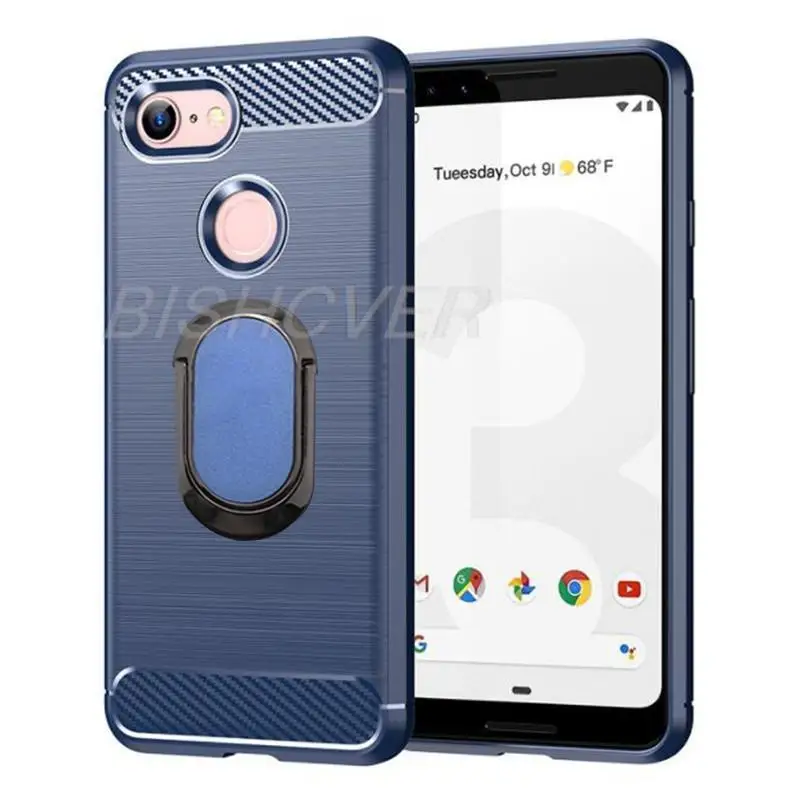 For Google Pixel 3 3A XL Brushed Carbon Fiber Silicone Phone Case For Google Pixel 3a Magnetic Ring Holder Stand Soft Cover