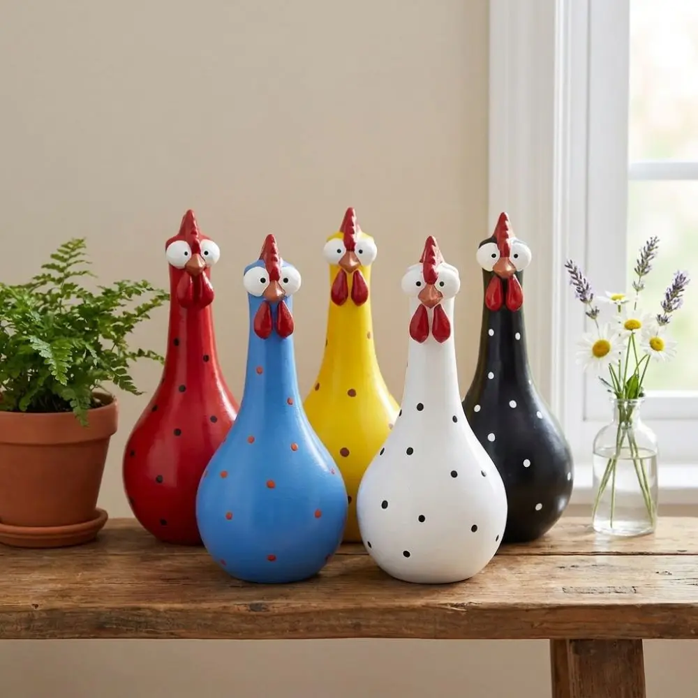 Colorful Dot Long Neck Chicken Vases Resin Art Cartoon Flower Vase Ornament Smooth Waterproof