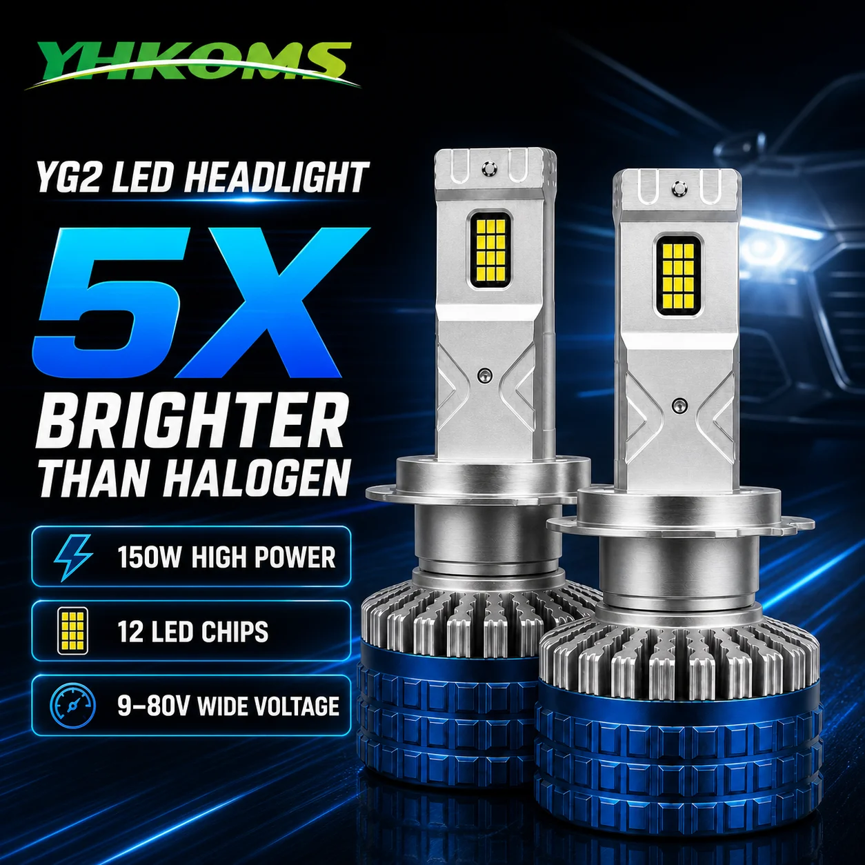 YHKOMS H7 LED CANBUS Smart Driver Car Headlight Bulbs H11 H4 H1 HB3 9005 HB4 9006 6000K Pure White Fog Light Bulbs Mini Size