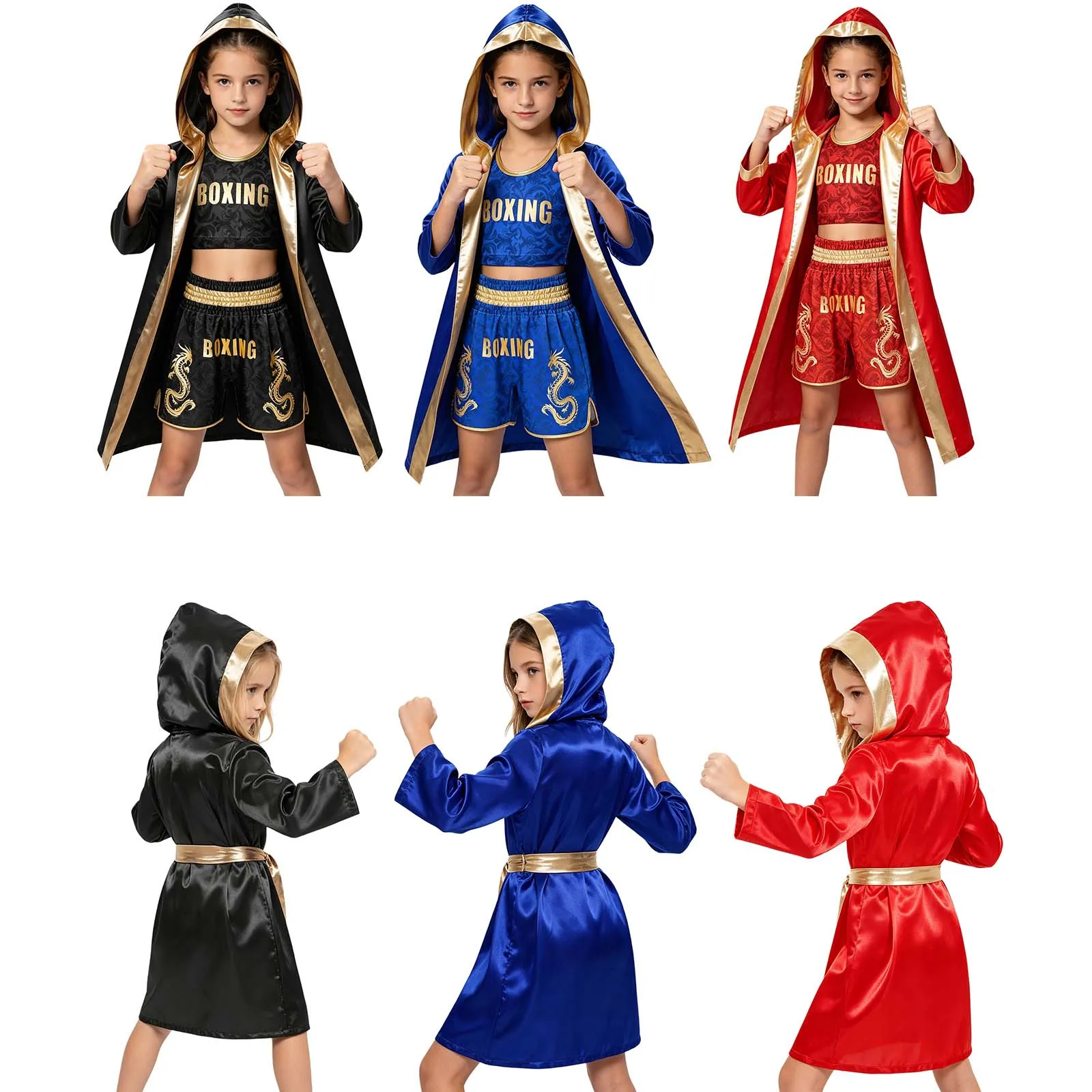 Kinder Jungen Mädchen Metallic-Verzierung Kampf-Boxoutfit mit Kapuze, Boxermantel und Gürtel, Blumenmuster-Weste mit elastischem Bund und Shorts – Detail 3