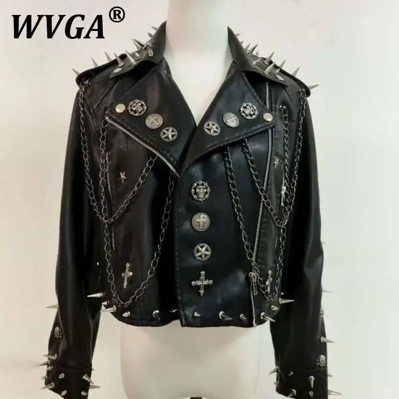 

WVGA Jacket New Man Tide Spring Autumn Punk PU Leather Street Rock Rivet Skull Chain Niche Chic Casual Short Coat Ins Y2K W10806