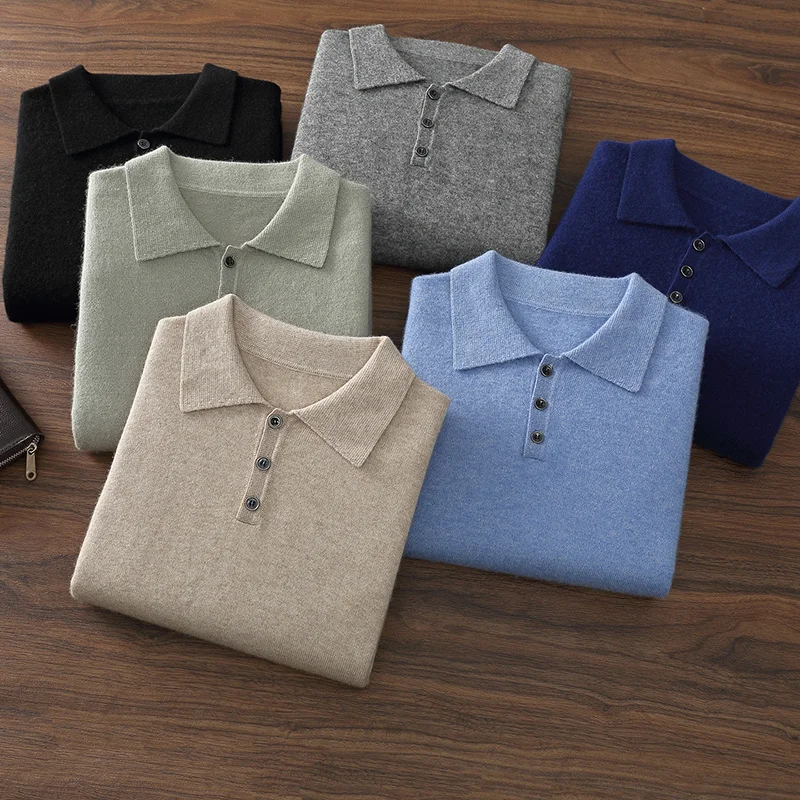 Autumn and Winter New 100% Cashmere Men's Polo Collar Knitted Sweater With  Pullover, Business Casual Sweater