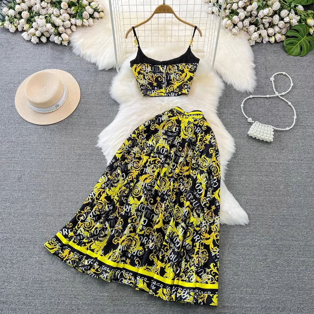 Runway Floral Two-piece Set For Women Summer Sexy Crop Tops Print A Line Maxi Long Skirts Suits Beach Outfits